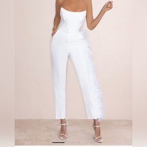 Club London white feather pants and corset set